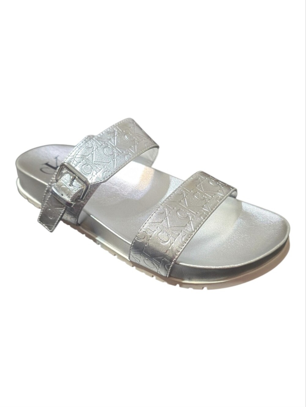 Calvin Klein Landesa Logo Double-Band Slide Sandals - Metallic Silver